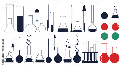 Large assortment of laboratory glassware icons including beakers, flasks, test tubes, and pipettes for scientific research.