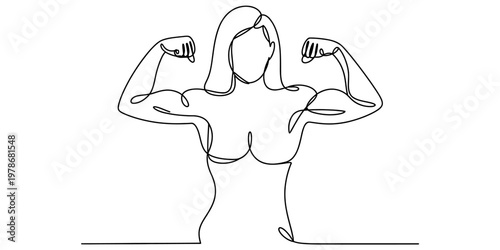 A single continuous line drawing of a strong woman showing off her muscular bicep and physique
