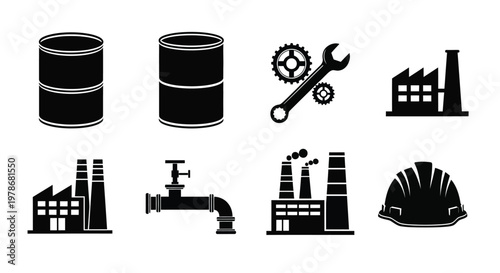 Industrial icons depicting factories oil drums and tools in silhouette