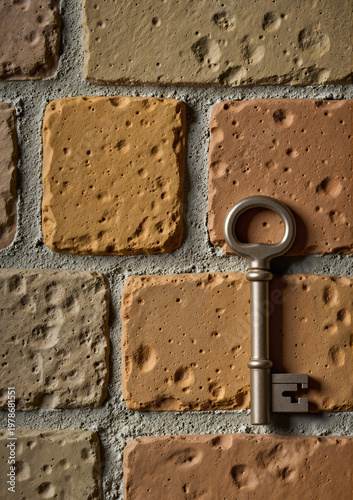 Key resting on textured brick wall in warm tones, concept of Halloween  