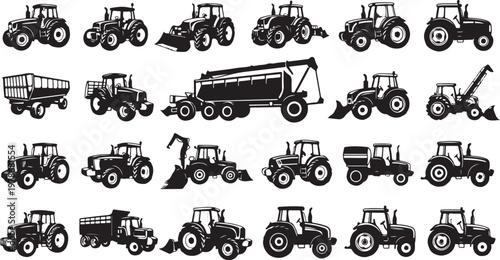 Collection of various tractor vehicles and farming equipment silhouettes