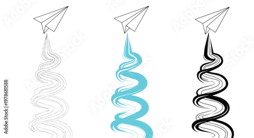 Trio of paper airplanes flying upwards with decorative swirling trails in black, white, and bright teal colors.