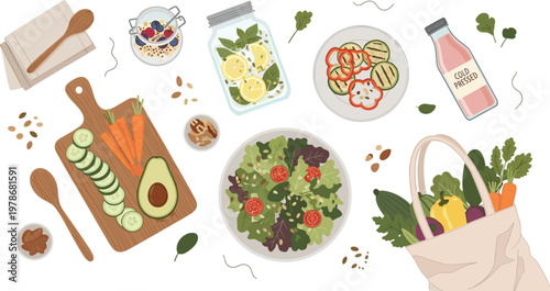 Healthy Salad Preparation Scene with Fresh Vegetables, Cutting Board, Organic Ingredients, and Kitchen Utensils Vector Illustration for Cooking, Diet, and Clean Eating Concepts.