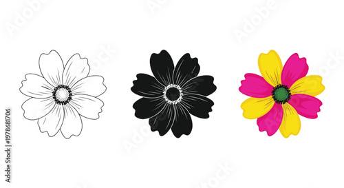 Set of three identical flower heads shown in black outline, solid black silhouette, and colorful yellow and pink petals.