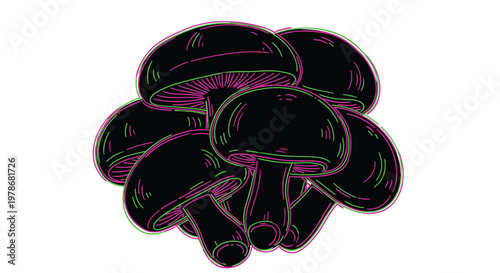 Stylized group of dark mushrooms featuring vibrant green and pink neon-style outlines displayed on a white background.