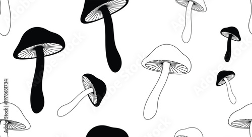 Seamless pattern of monochrome mushroom illustrations featuring solid black and outlined styles across a white field.