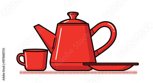 Retro-style illustration of a bright red coffee pot with a matching cup and small plate on a textured surface.
