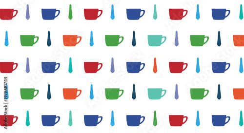 Cheerful seamless pattern featuring colorful coffee cups and stirrers in red, blue, green, and orange on a white backdrop.