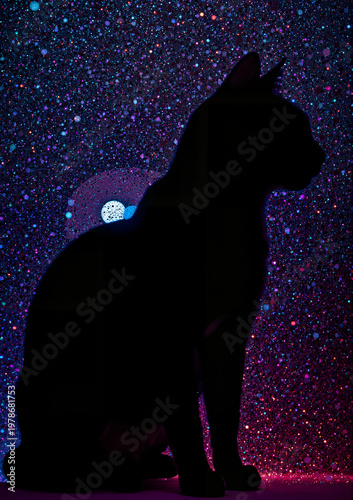 Black cat silhouette sitting against a glittery background  