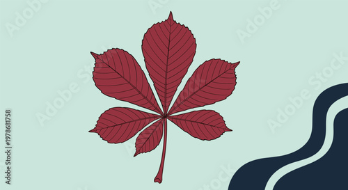 Detailed illustration of a single reddish brown chestnut leaf with a subtle green background and dark abstract shapes.