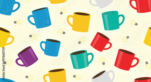 Vibrant seamless pattern of multi colored coffee mugs and floating lightbulb icons set against a pale yellow background.