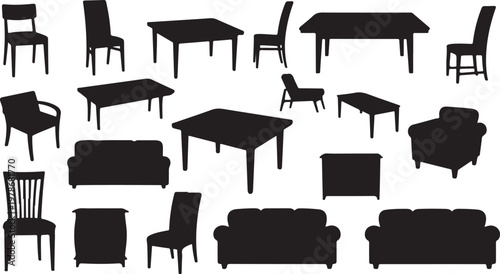 Collection of black silhouettes of various furniture pieces and tables