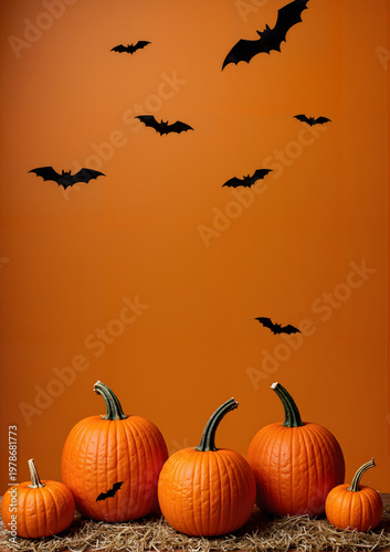 Orange pumpkins with bats on a vibrant background for Halloween  