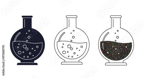 Three glass laboratory flasks containing bubbling liquid shown in solid black, thin outline, and colorful textured styles.