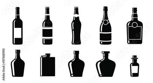 Collection of various glass bottles depicted in black silhouette