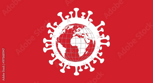 A white coronavirus structure encompasses a red world globe symbolizing a global pandemic s impact