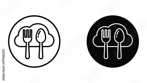 Cloud-based food delivery or dining service icons in contrasting backgrounds