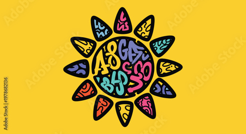 Colorful sun symbol with letters.