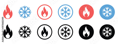 Diverse temperature and weather icons with flame and snowflake symbols in red, blue and black, featuring solid and outline styles for heating and cooling concepts, climate control, HVAC systems and we