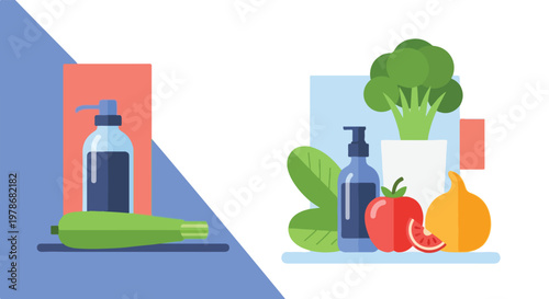 This flat vector illustration compares synthetic and natural lifestyles, featuring soap dispensers alongside various fresh vegetables and plants.