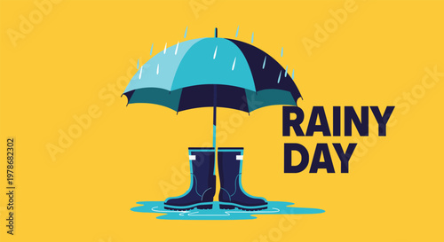 Rainy day illustration with a blue umbrella and dark rain boots standing in a puddle against a bright yellow background.