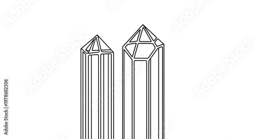Simple line art drawing of two tall hexagonal crystal prisms standing vertically with sharp geometric facets on top.