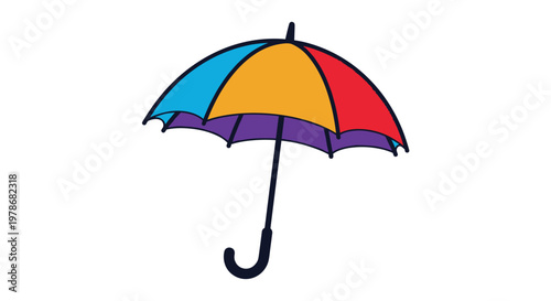 Colorful umbrella with multi colored panels and a dark curved handle shown in a simple and clean flat illustration style.