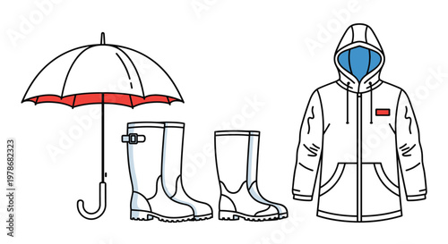 Selection of rainy day essentials including a white umbrella with red lining, tall white rain boots, and a white hooded raincoat.