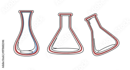 Set of three glass laboratory flasks or Erlenmeyer flasks with stylized double outlines in blue and red colors for scientific design.