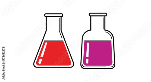 Two glass laboratory flasks with colorful liquids including red in a conical flask and purple in a rounded medicine bottle.