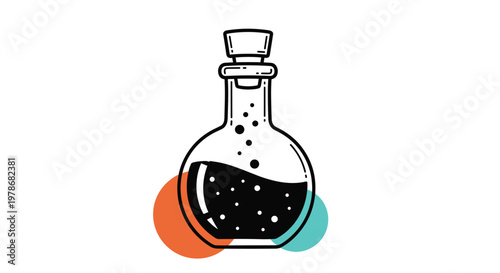 Mystical potion bottle containing a dark bubbling liquid with a cork stopper and colorful orange and blue circles behind it.
