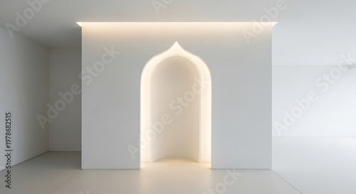 A minimalist white room featuring a modern architectural niche with soft hidden illumination