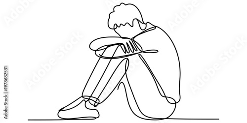 A single continuous line drawing of a person sitting alone feeling very sad and depressed today.