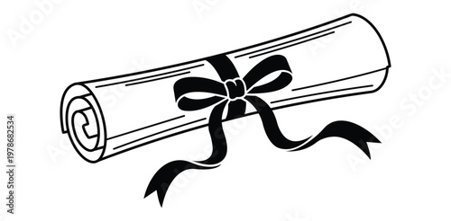 A rolled up diploma with a black ribbon tied around it in a bow