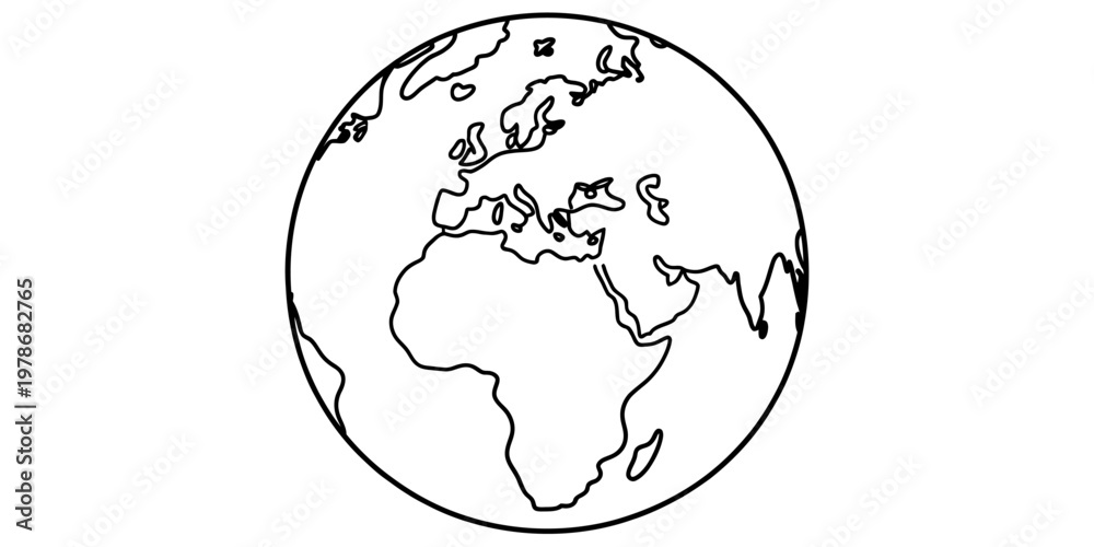 Obraz premium A simple black and white line drawing of the earth showing the continents of africa and europe.