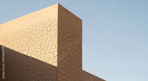 A close-up view of a building corner with cracked beige paint against a plain gray background.