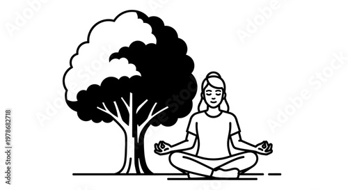 Woman meditating under a tree peacefully.