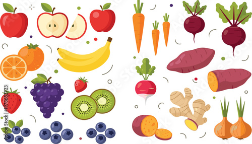 Set of Fresh Fruits and Vegetables Illustration with Apple Banana Orange Grape Kiwi Carrot Beetroot Ginger Onion and Sweet Potato in Flat Vector Style.