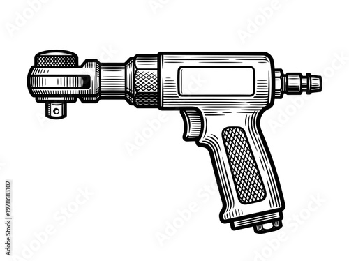 Vintage Pneumatic Ratchet Industrial Tool Engraving Illustration Black and White Line Art