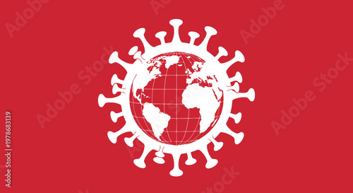 A white globe encased within the spiky structure of a coronavirus set against a vibrant red background