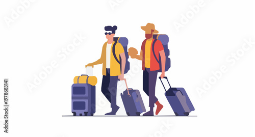 Flat Couple Travelers with Suitcases – Modern Travel People Vacation Vector Illustration