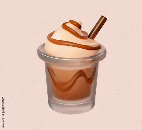3D iced coffee with cream in glass