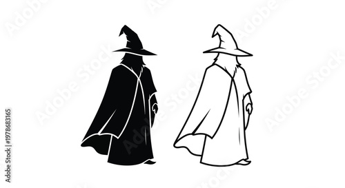 Two wizards with pointed hats and flowing robes a black silhouette