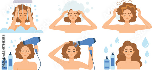 Woman hair care routine set showing washing with shampoo drying with hairdryer and styling wavy hair in flat vector