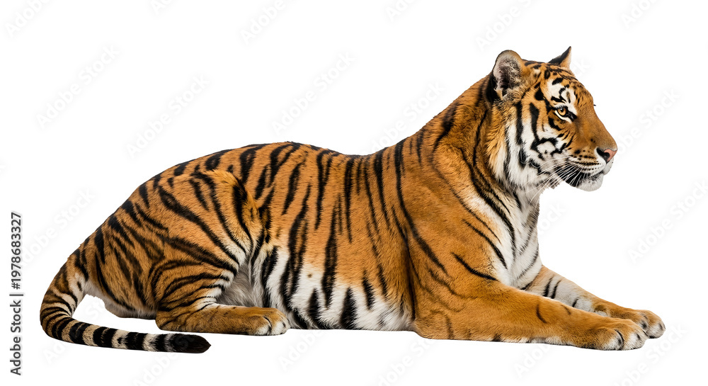 Obraz premium Bengal Tiger resting isolated on white or transparent background 