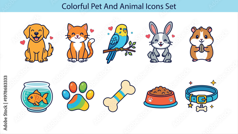 Fototapeta premium Colorful pet and animal icons set with dog, cat, bird, and other cute pets on white background