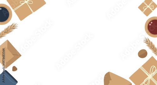 The illustration features brown paper-wrapped gifts, coffee mugs, and wheat stalks framing a central white space for text or design.
