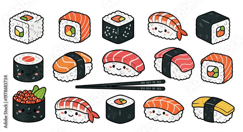 A variety of sushi and maki rolls.