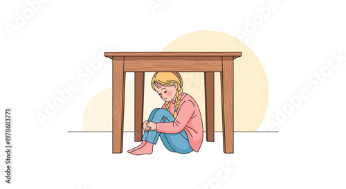 Sad young girl with blonde braids sitting alone and curled up under a wooden kitchen table with a lonely expression on her face.