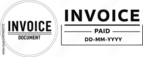 Set of two invoice and paid document stamps or badges, with space for date and additional text for financial record keeping